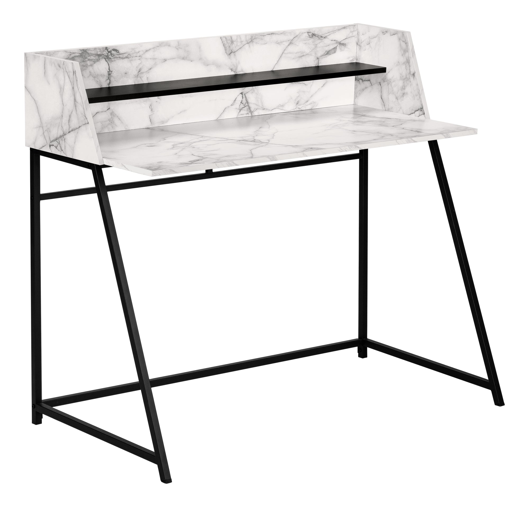 48" White Marble-Look & Black Desk with Shelf
