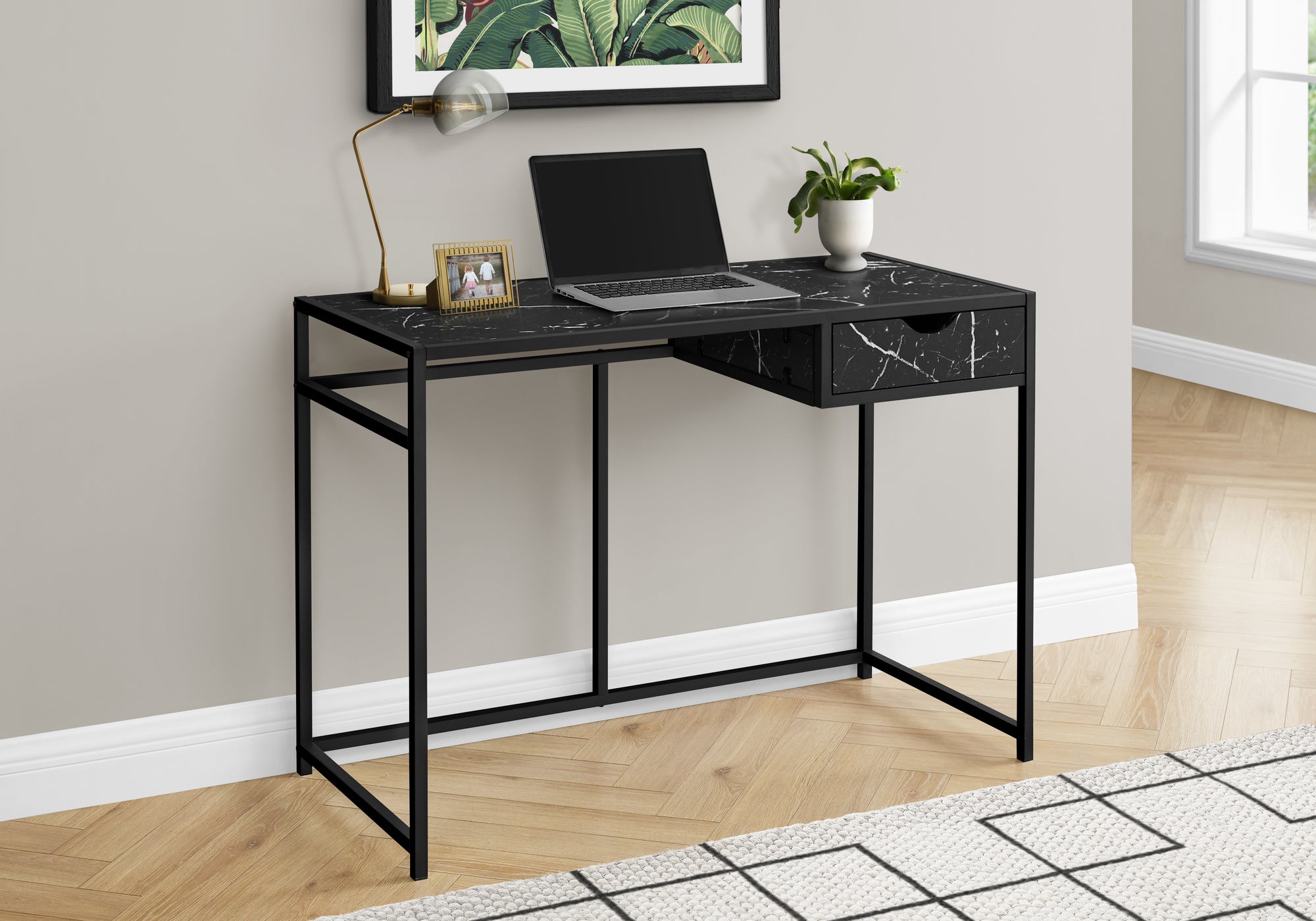 42" Ergonomic Desk with Drawer in Black Marble Finish
