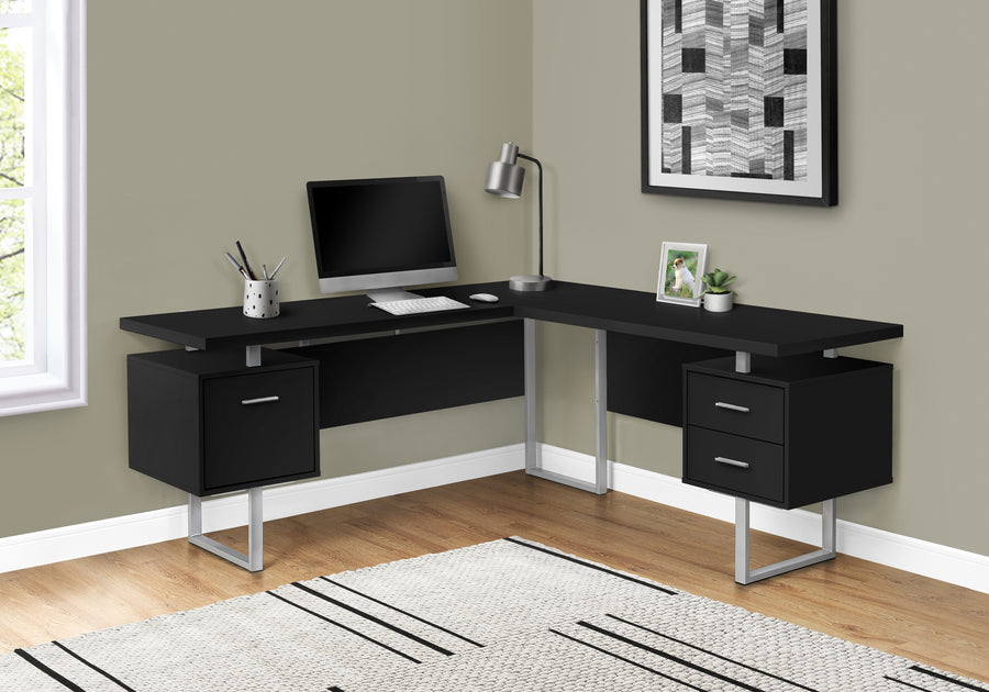 71" Black & Silver L-Shaped Floating Desk