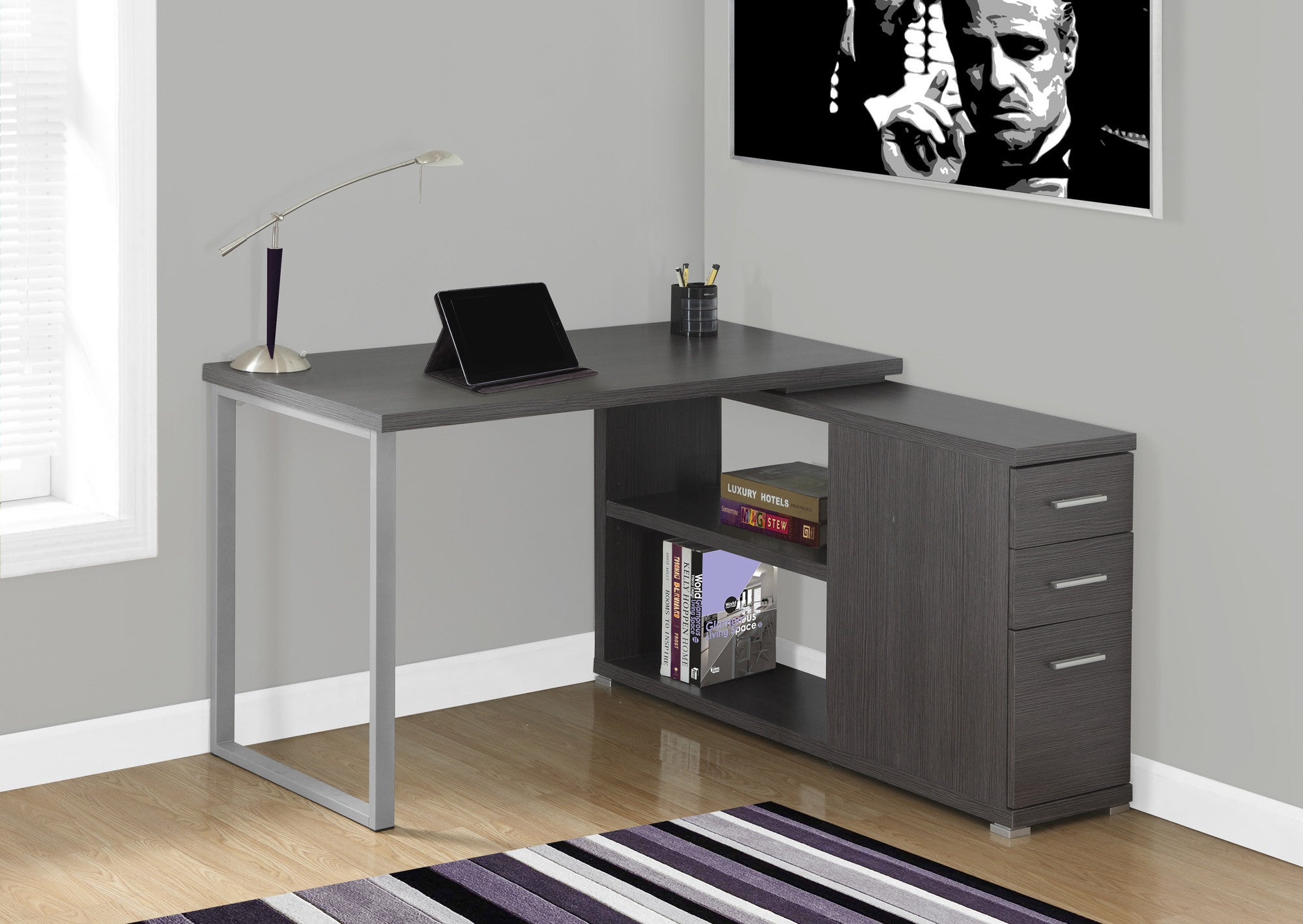 Modern Dark Gray L-Shaped Desk with Drawers & Shelving