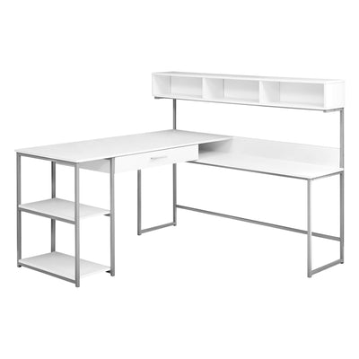 59" L-Shaped Corner Desk in White & Silver Metal