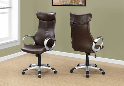 Imposing Brown Leatherette Office Chair w/ Silver Armrests