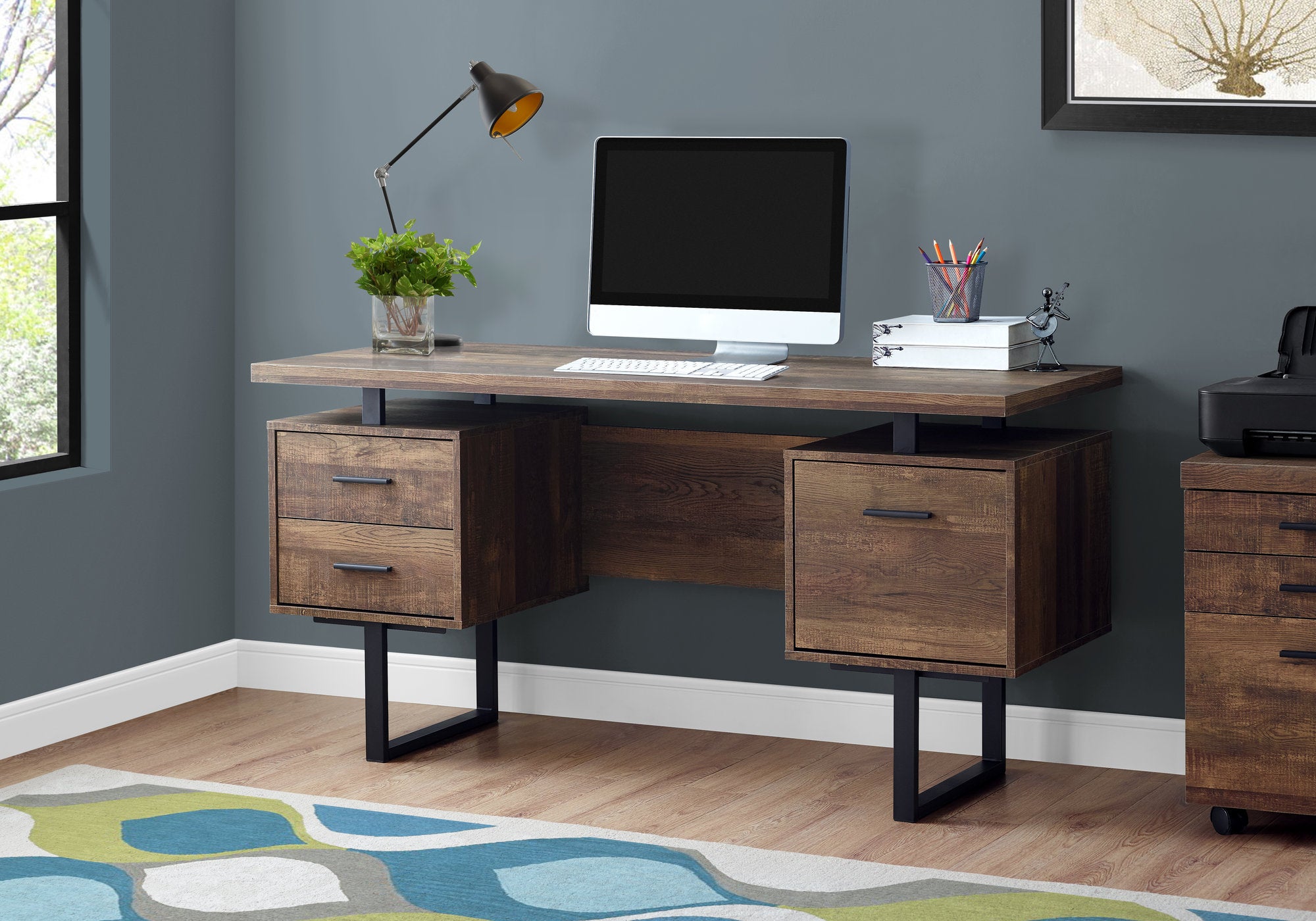 Monarch 60 Computer Desk Brown Wood Grain Black Metal