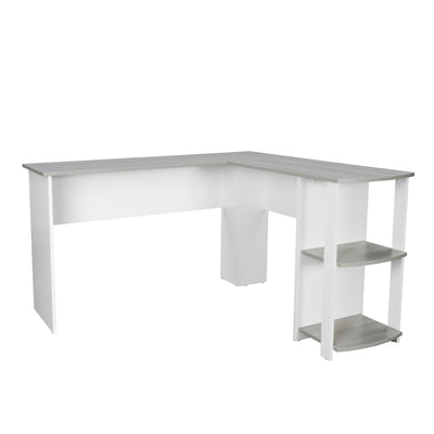 54" L-Desk in White & Gray with Built-in Bookshelf