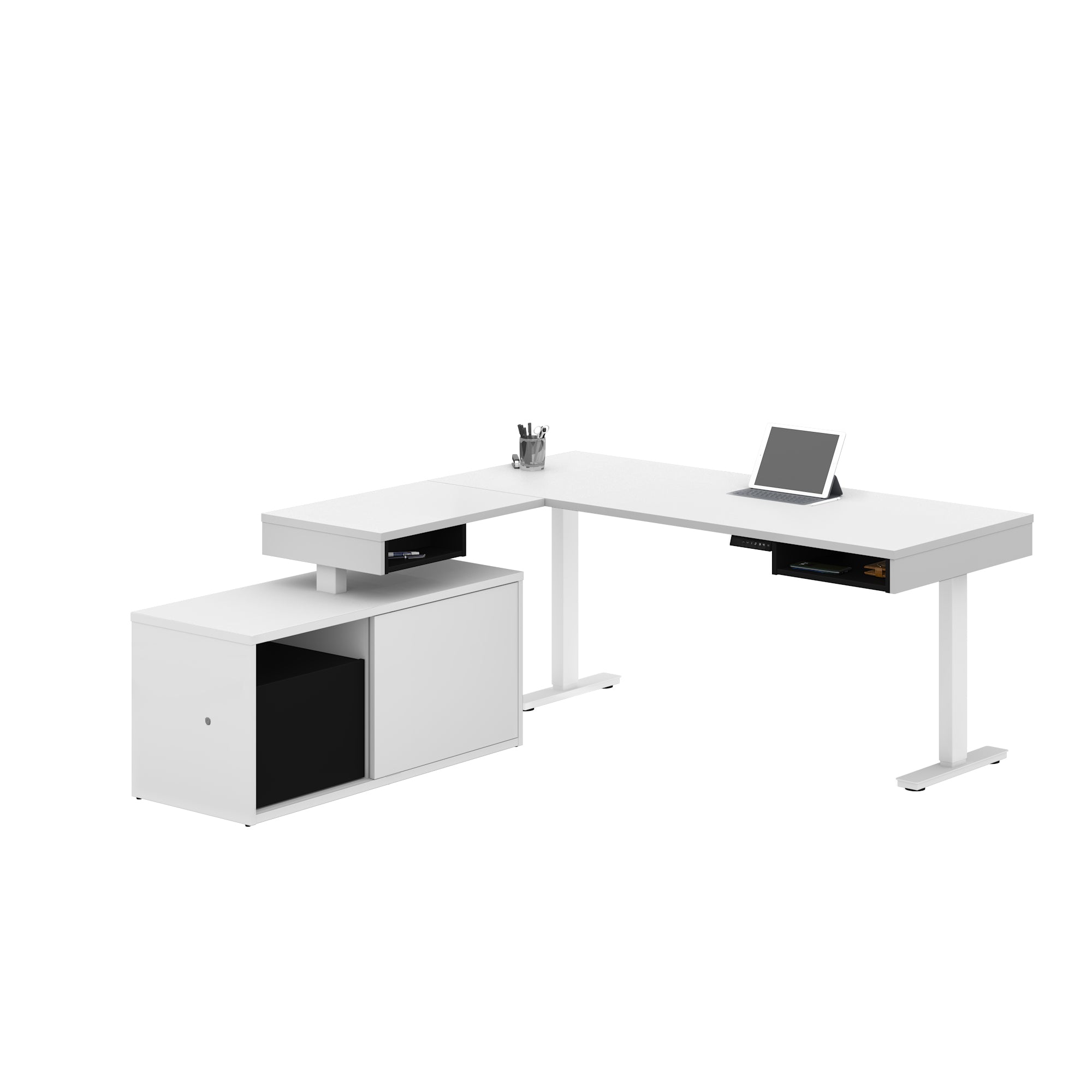 71" Adjustable Standing Desk in Black & White with Credenza