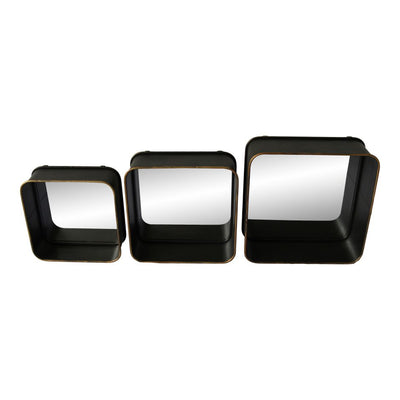 Square Shadow Box Mirror w/ Black Frames & Gold Rims (Set of 3)
