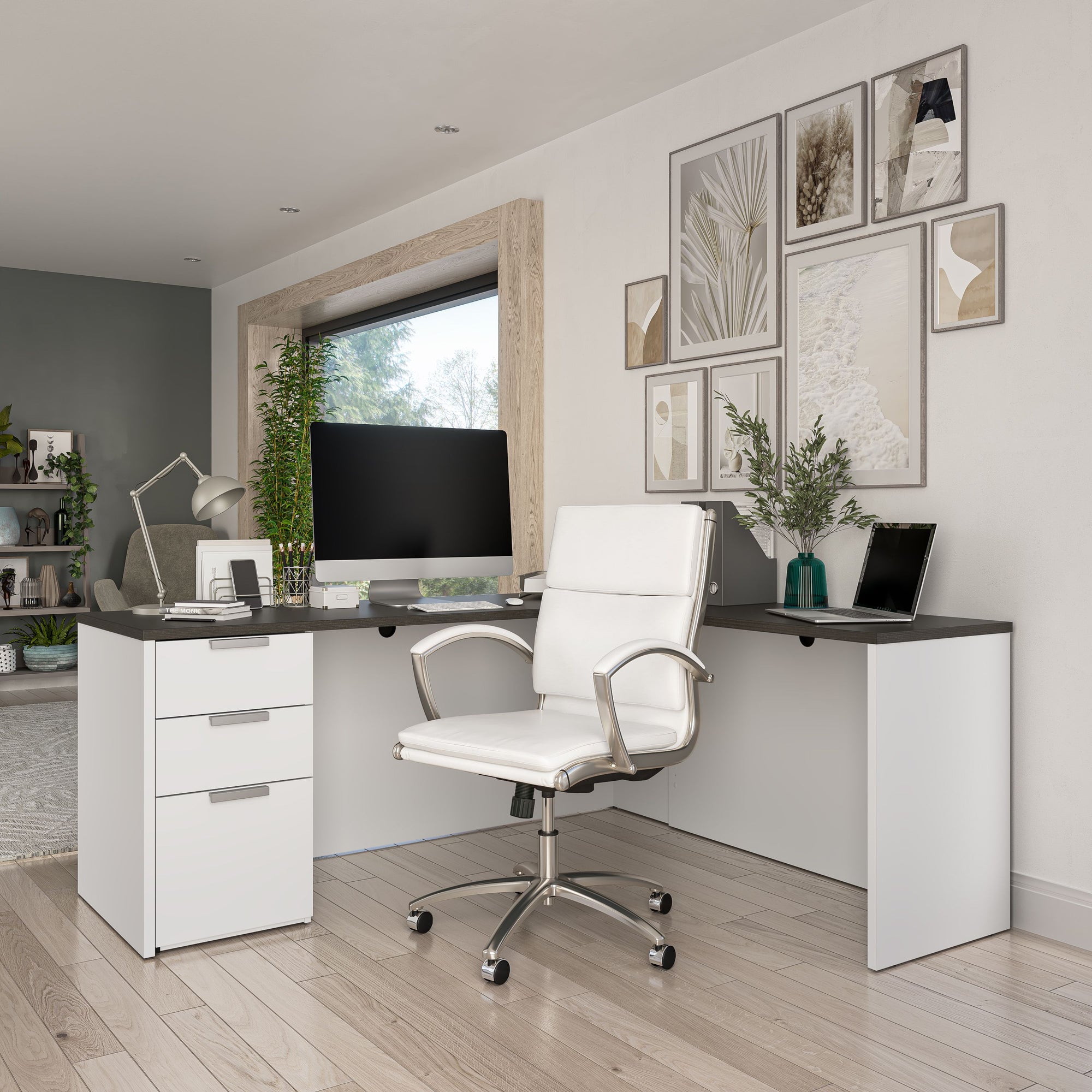 71 Modern White Home Office Executive Desk with Drawers & Storage Cabinet  in Gold Base