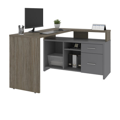 56" X 44" Unique Petite Corner Desk with Credenza in Walnut Gray & Slate