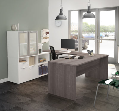 71" U-Shaped Desk with Frosted Hutch in Bark Gray and White