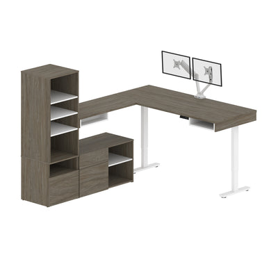 Set of Two 88" L-Shaped Adjustable Walnut Gray Desks with Twin Monitor Arms