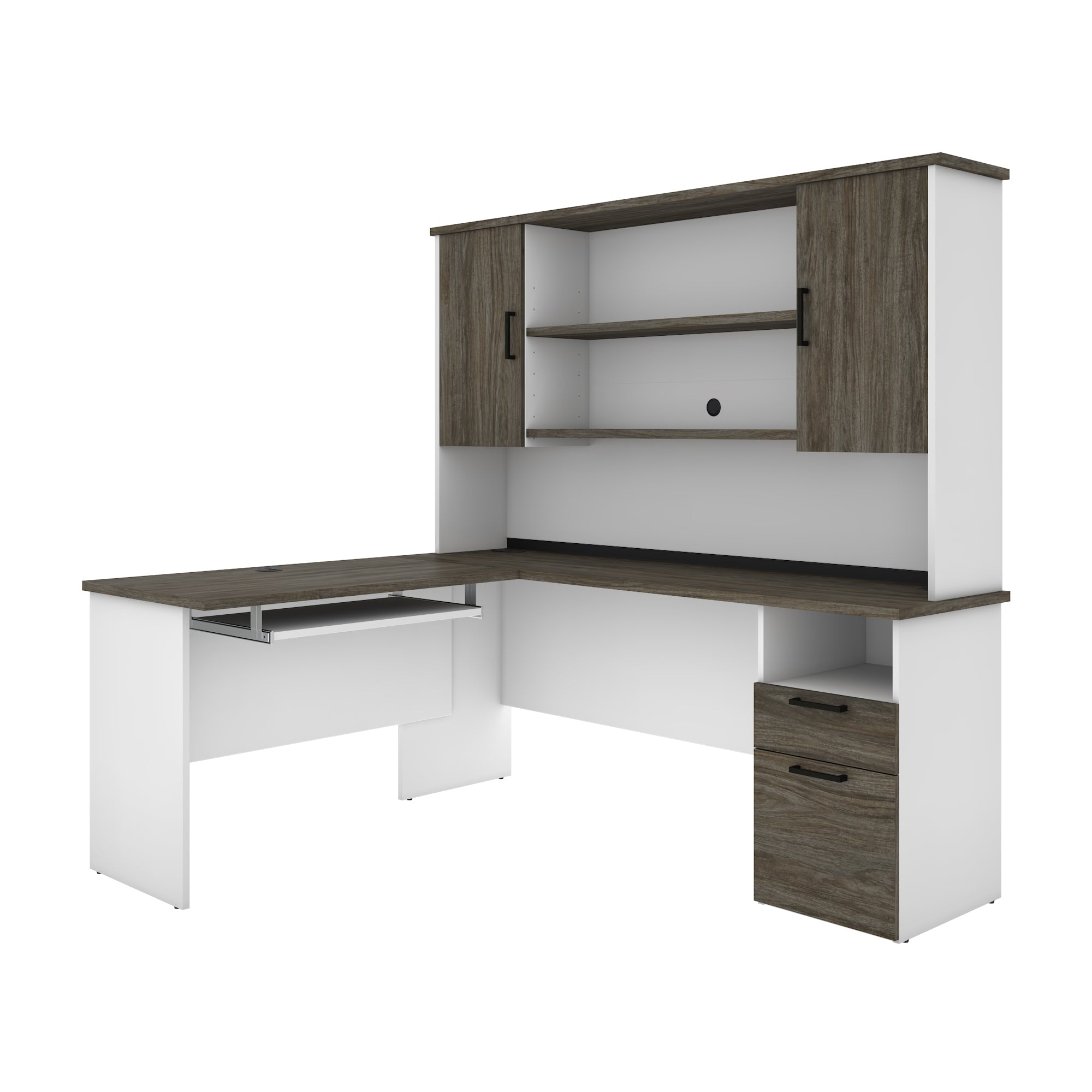 White & Walnut Gray Modern L-shaped Desk with Hutch
