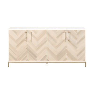 71" Herringbone & White Storage Credenza with Brushed Brass Accents