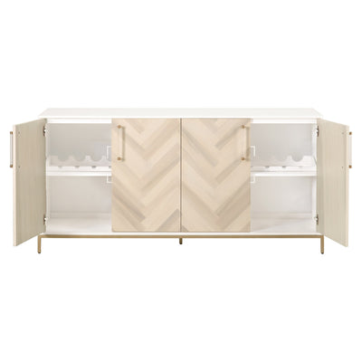 71" Herringbone & White Storage Credenza with Brushed Brass Accents