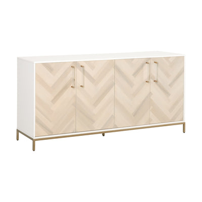 71" Herringbone & White Storage Credenza with Brushed Brass Accents