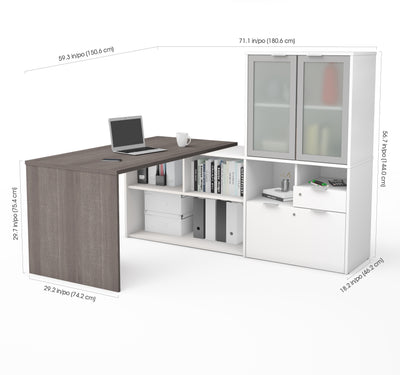 71" Bark Gray and White L-shaped Desk with Frosted Hutch