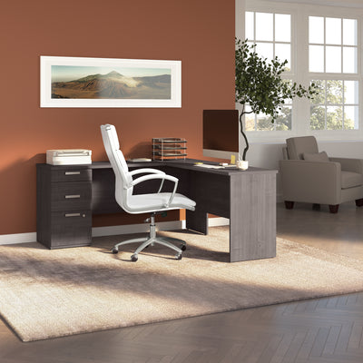 65" L-Shaped Desk in Charcoal Maple with File Cabinet