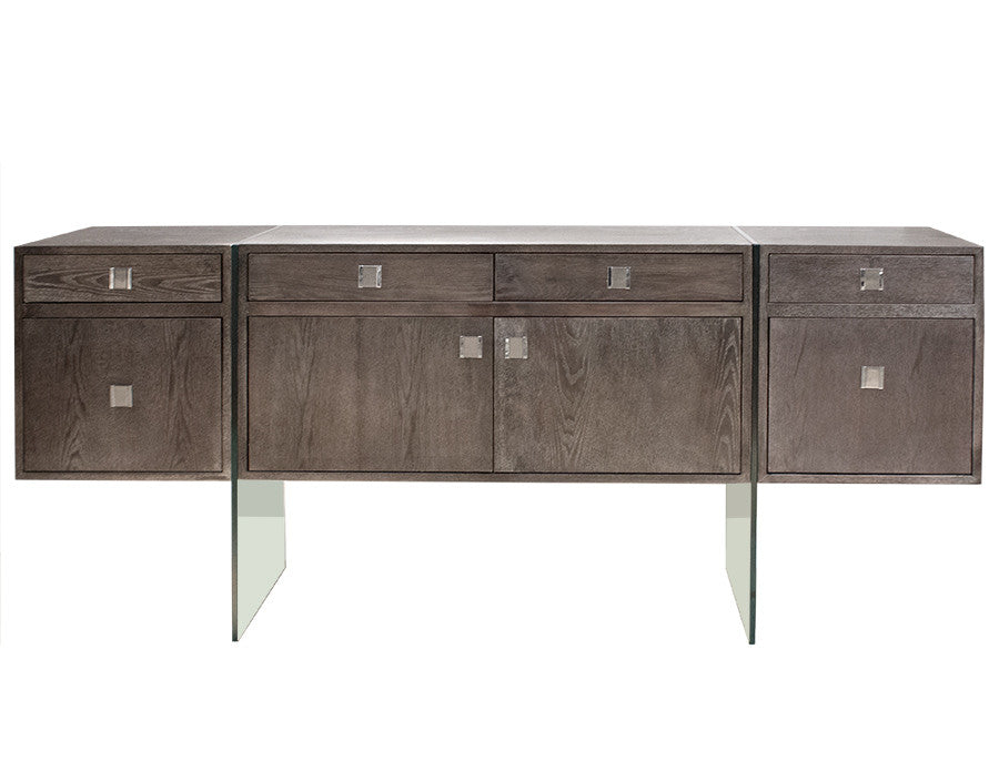 72" Modern Washed Gray Credenza with Glass Legs & Two File Drawers