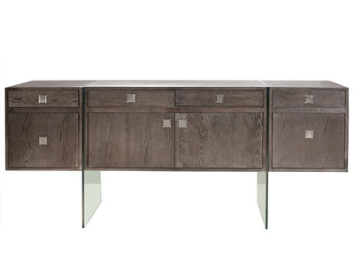 72" Modern Washed Gray Credenza with Glass Legs & Two File Drawers