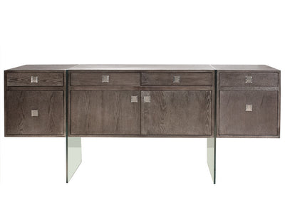 72" Modern Washed Gray Credenza with Glass Legs & Two File Drawers