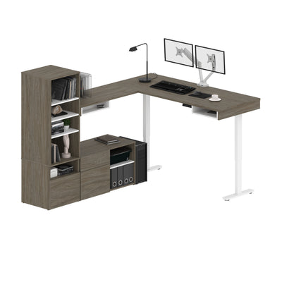 88" L-Shaped Modern Adjustable Walnut Gray Desk with Twin Monitor Arms