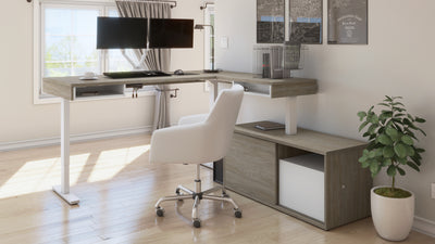 71" Dual Monitor Programmable L-Shaped Desk with Credenza in Walnut Gray and White