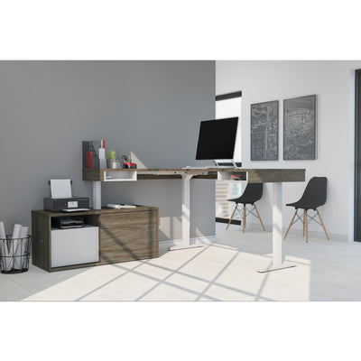 71" Programmable Standing Desk in Walnut Gray and White with Credenza