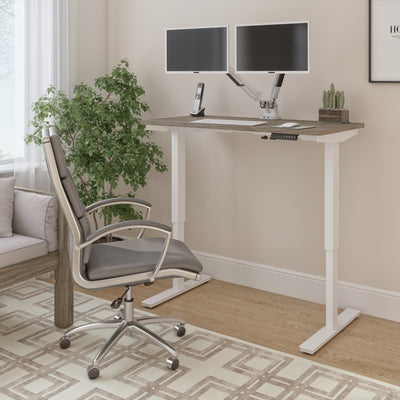 48" Walnut Gray & White Adjustable Desk with Dual Monitor Arms