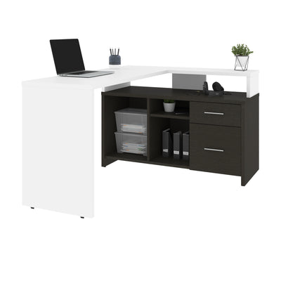 56" X 44" Unique Petite Corner Desk with Credenza in White & Deep Gray