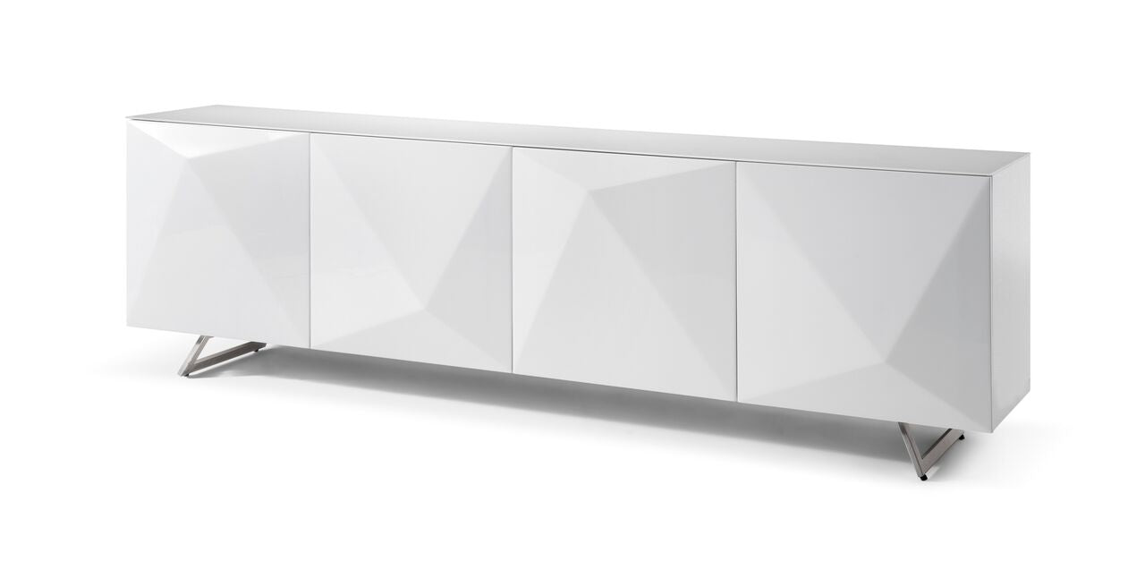 Modern 94" Crystal White Storage Credenza w/ Glass Top