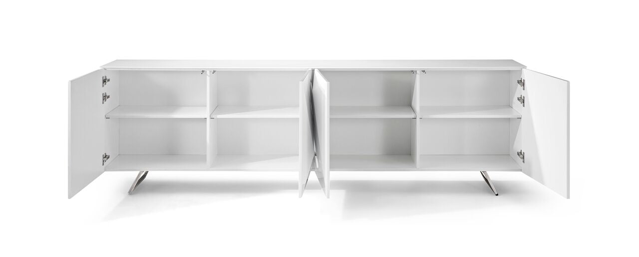 Modern 94" Crystal White Storage Credenza w/ Glass Top