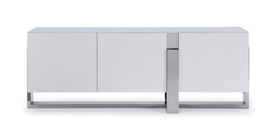 91" Elegant White Storage Credenza w/ Stainless Steel Accents