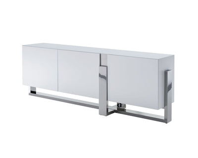 91" Elegant White Storage Credenza w/ Stainless Steel Accents