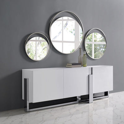 91" Elegant White Storage Credenza w/ Stainless Steel Accents