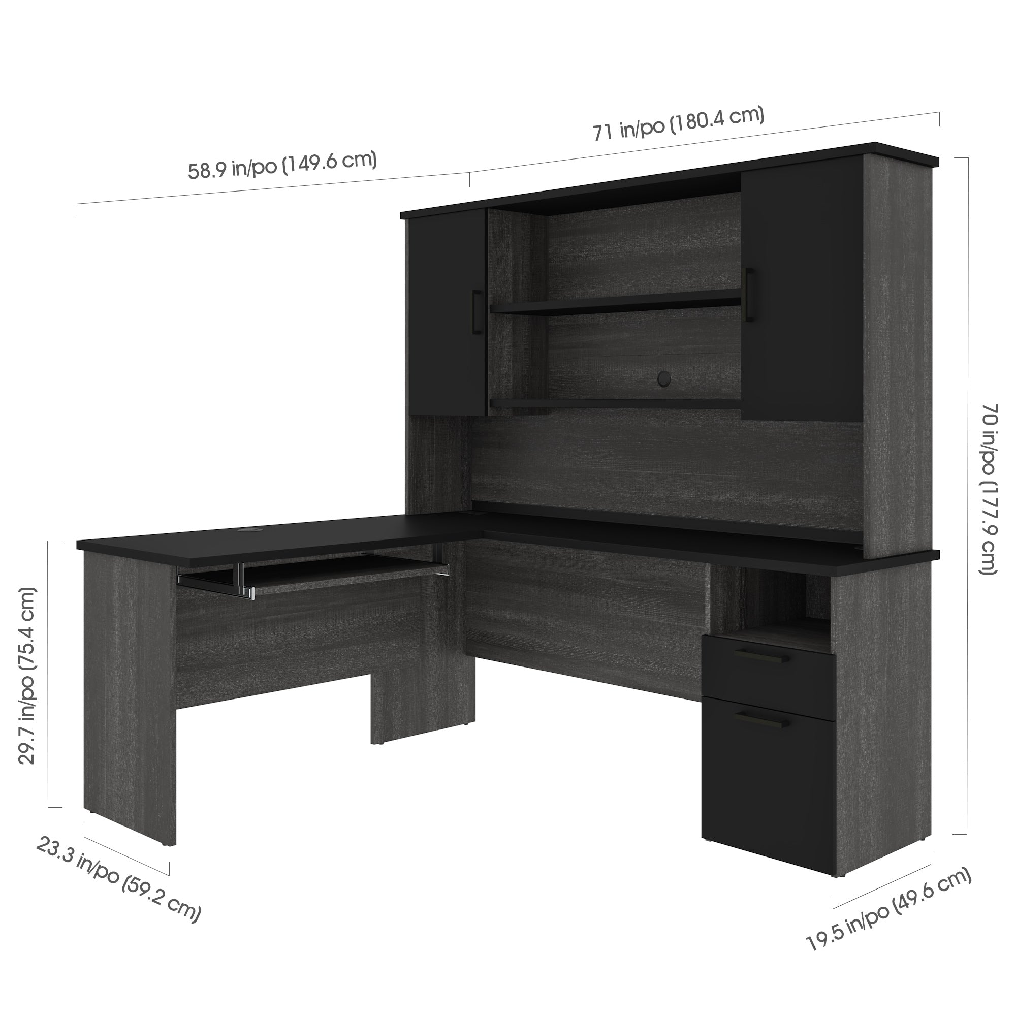 Bark Gray & Black Modern L-shaped Desk with Hutch