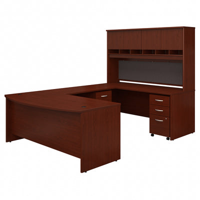 72" Bow-Front Mahogany U Shaped Desk with Hutch and Storage