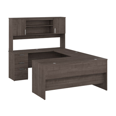 94" Gray Maple U-Desk with Hutch
