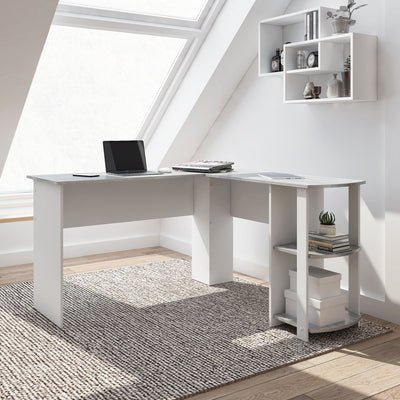 54" L-Desk in White & Gray with Built-in Bookshelf