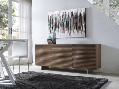 Unique 71" Walnut & Brushed Metal Credenza