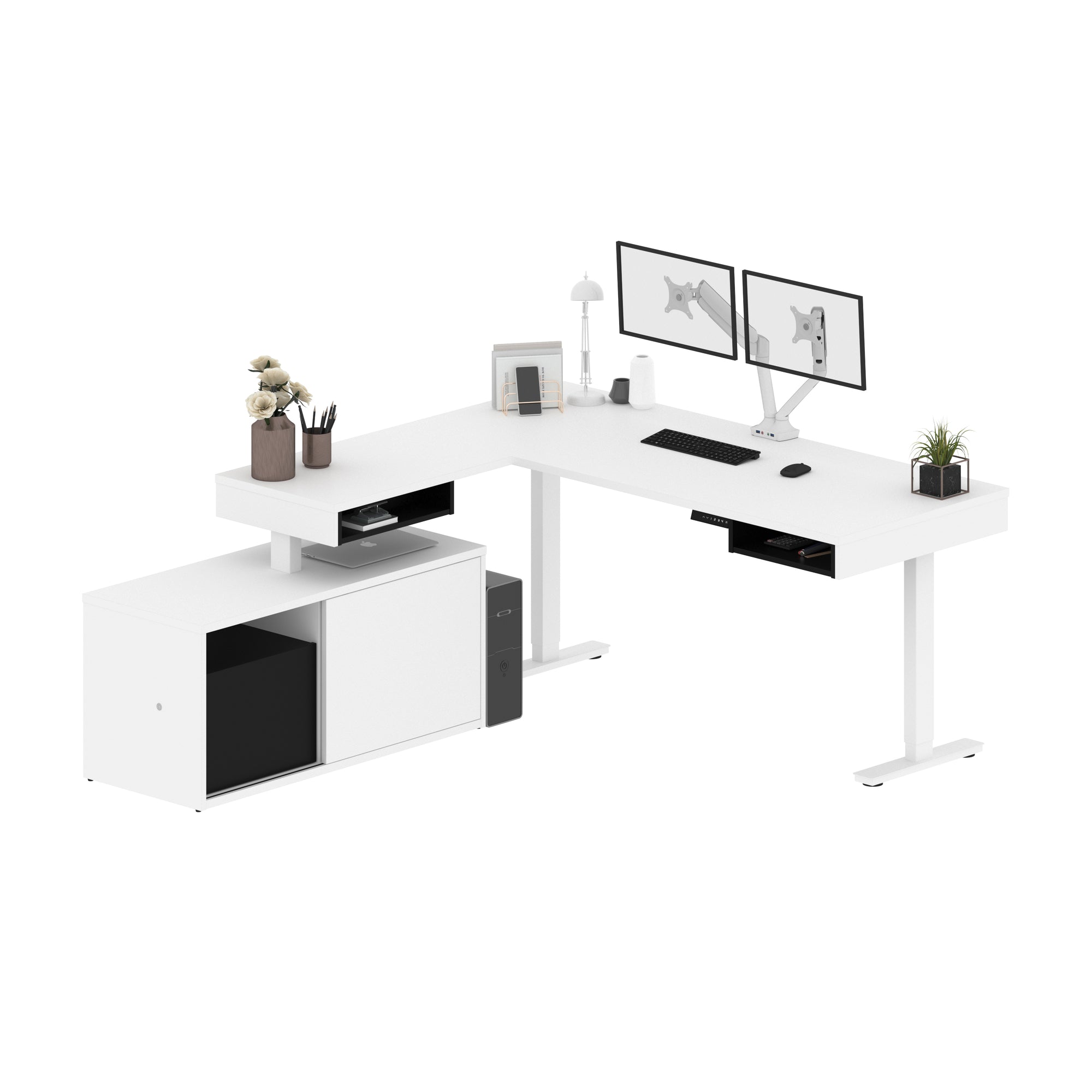71" Programmable Desk in White and Black with Dual Monitor Arms and Credenza