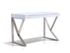 White Lacquer 47" Modern Desk with Two Drawers and Stainless Steel Legs