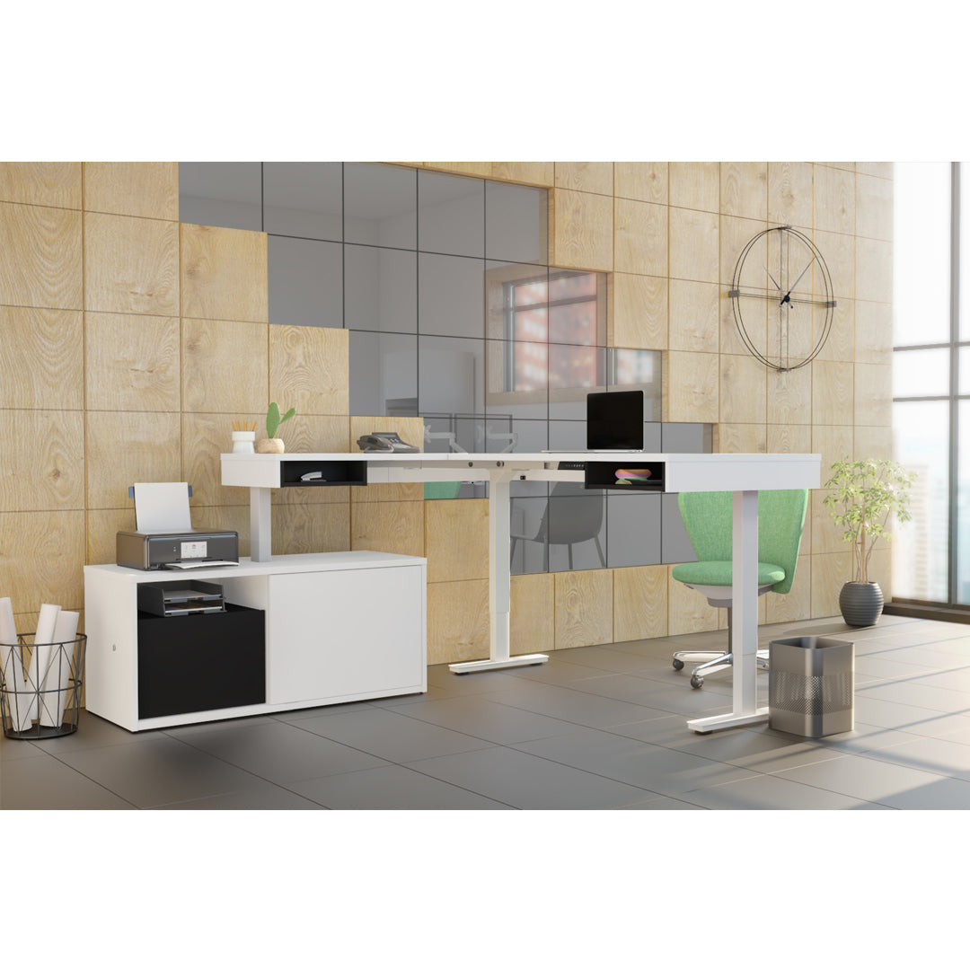 71" Adjustable Standing Desk in Black & White with Credenza