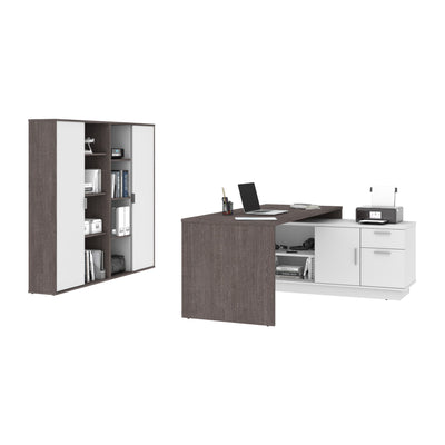 72" L-Shaped Executive Desk with Storage Cabinets in Bark Gray & White