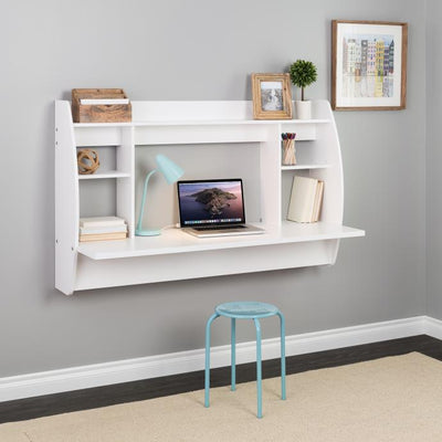 58" Wide Floating Desk with Shelf Storage in White