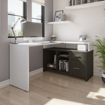 56" X 44" Unique Petite Corner Desk with Credenza in White & Deep Gray