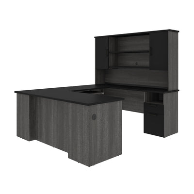 Bark Gray & Black Modern U-shaped Desk with Hutch