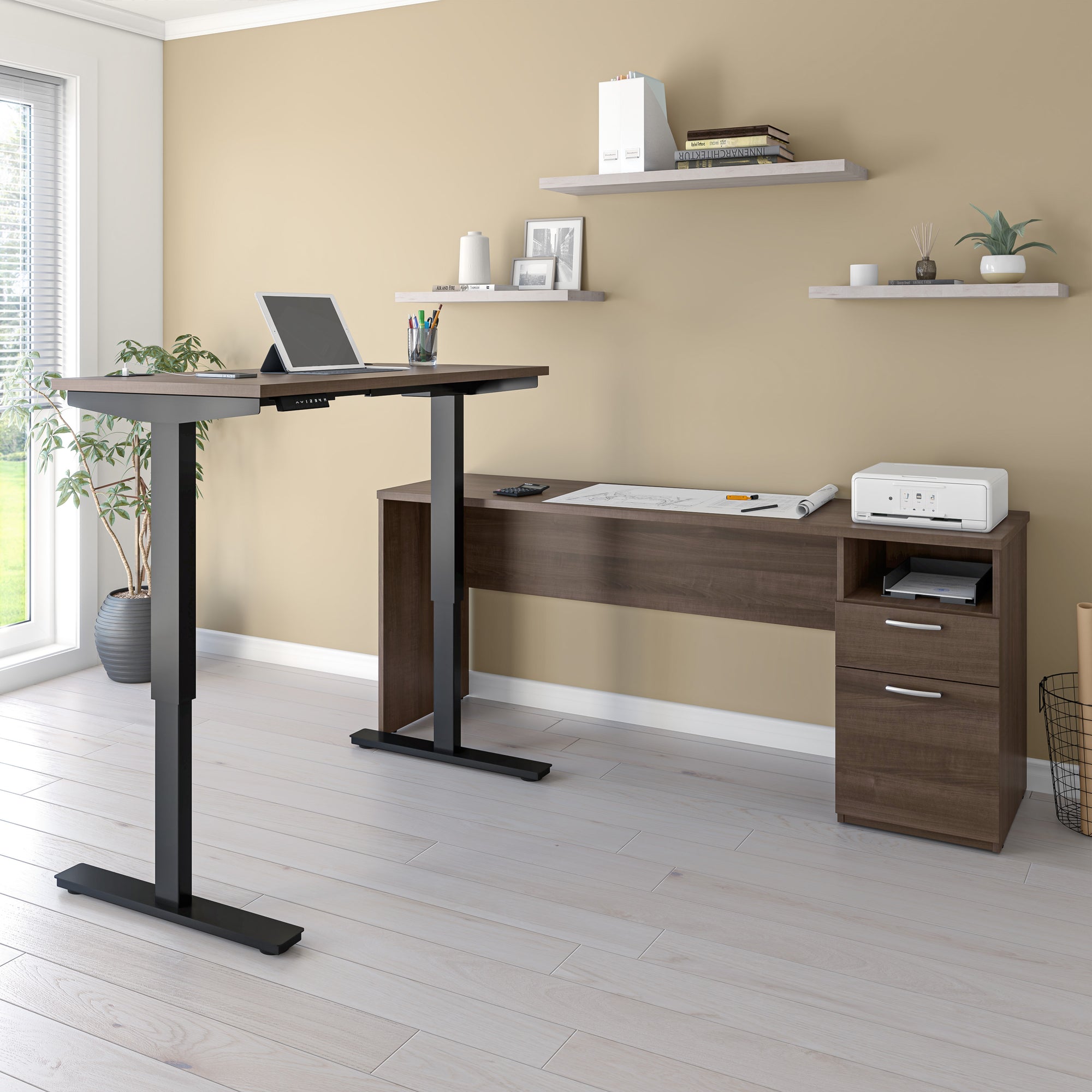 71" Adjustable L-Desk with Filing Area in Antigua