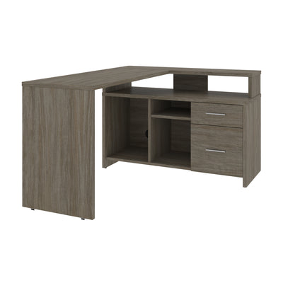 56" X 44" Unique Petite Corner Desk with Credenza in Walnut Gray