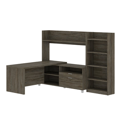 101" Open-Top L-Desk in Walnut Gray with Integrated Bookcase/Hutch