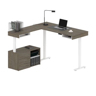 72" L-Shaped Adjustable Ergonomic Desk with Small Credenza in Walnut Gray
