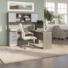 65" L-Shaped Desk in Silver Maple & White with Hutch